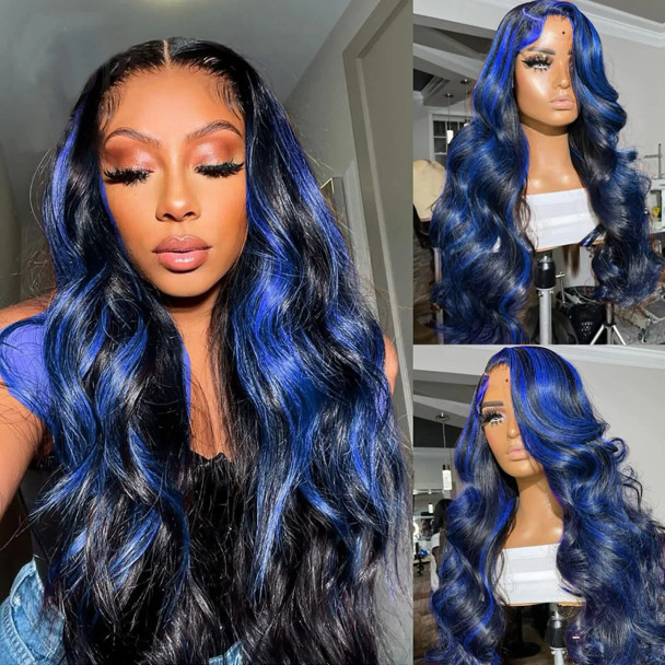 Blue Navy Highlight Money Piece Straight Body Wave 13x4 Lace Front 4x4 Lace Closure Human Hair Wig