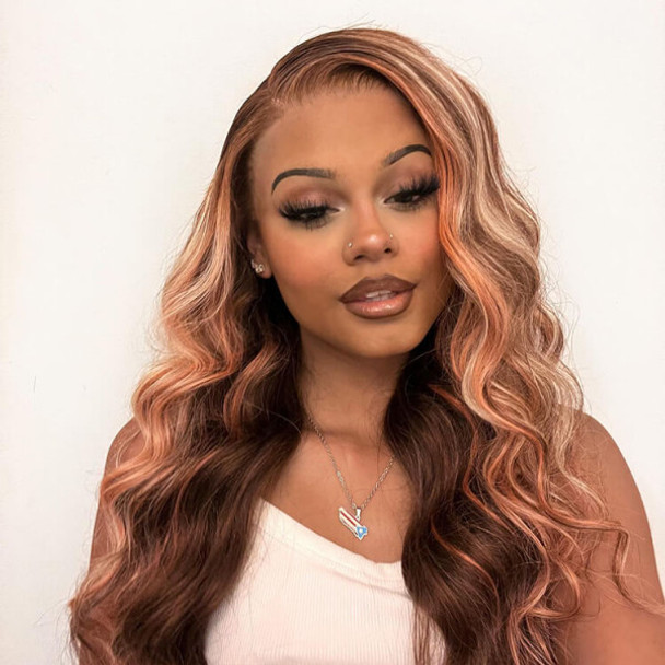 Pink and Blonde Brown Highlights Body Wave 13x4 Lace Front 4x4 Lace Closure Human Hair Wig