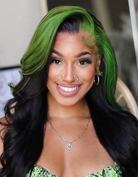 Black and Green Skunk Money Piece Highlight Body Wave 13x4 Lace Front 4x4 Lace Closure Human Hair Wig
