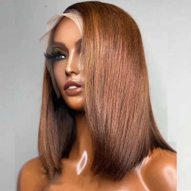 Ombre Auburn Brown Straight Bob 13x4 Lace Front 4x4 Lace Closure Human Hair Wig