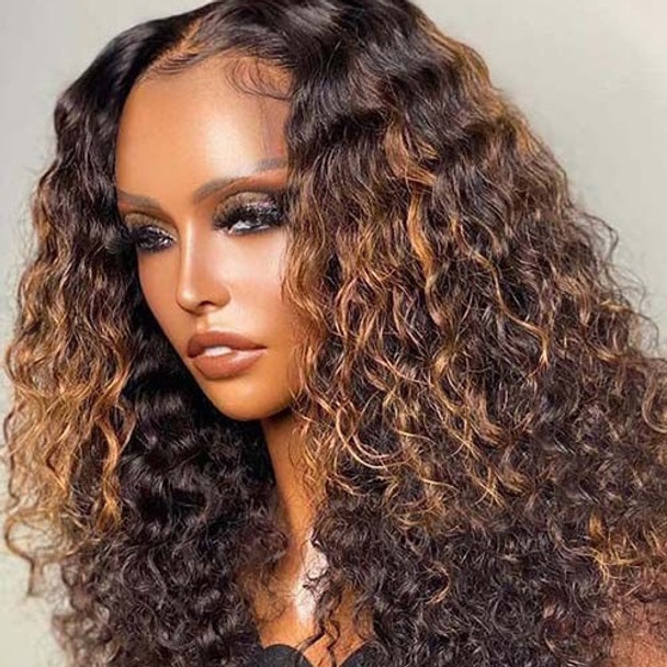 Brown Highlight Balayage Curly 13x4 Lace Front 4x4 Lace Closure Human Hair Wig