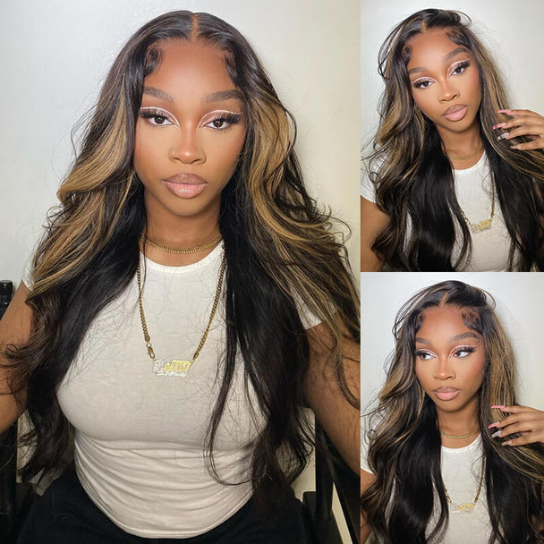 Gold Sand Blonde Highlight Body Wave 13x4 Lace Front 4x4 Lace Closure Human Hair Wig