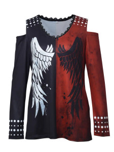 Wing Print Lace Trim Cold Shoulder Shirt, Casual Color block Long Sleeve Top Black red Biker Wing Print Lace Trim Cold Shoulder Shirt, Casual Color block Long Sleeve Top Black red Biker