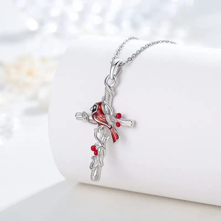 Cardinal Red Bird Cross Necklace For Women Girls or Family Death Offering