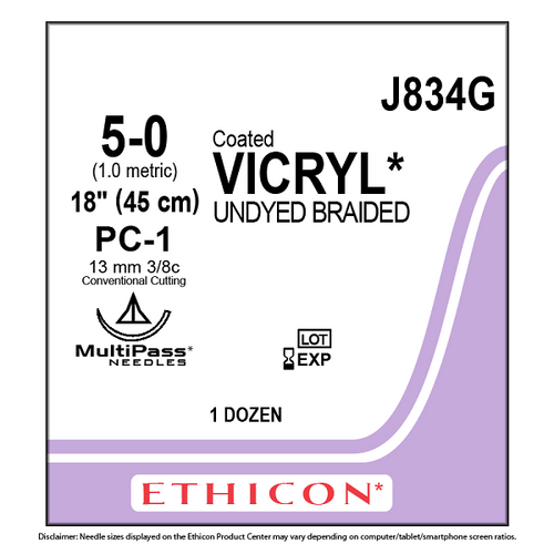 Ethicon Vicryl Sutures 5/0, 13mm, 3/8 Circle - J834G