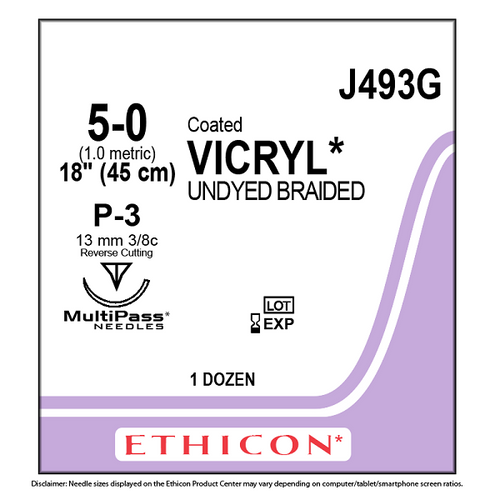 Ethicon Vicryl Sutures 5/0, 13mm, 3/8 Circle - J493G