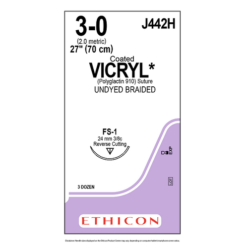 Ethicon Vicryl Sutures 3/0, 24mm, 3/8 Circle - J442H