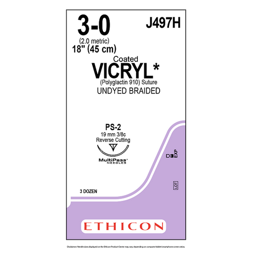 Ethicon Vicryl Sutures 3/0, 19mm, 3/8 Circle - J497H