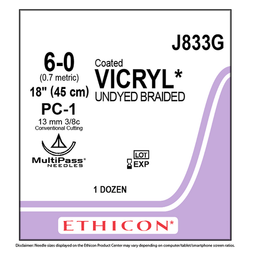 Ethicon Vicryl Sutures 6/0, 13mm, 3/8 Circle - J833G