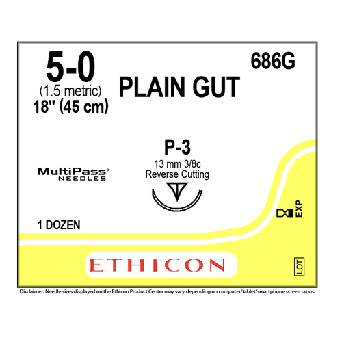 Ethicon Plain Gut Sutures 5/0, 13mm, 3/8 Circle - 686G