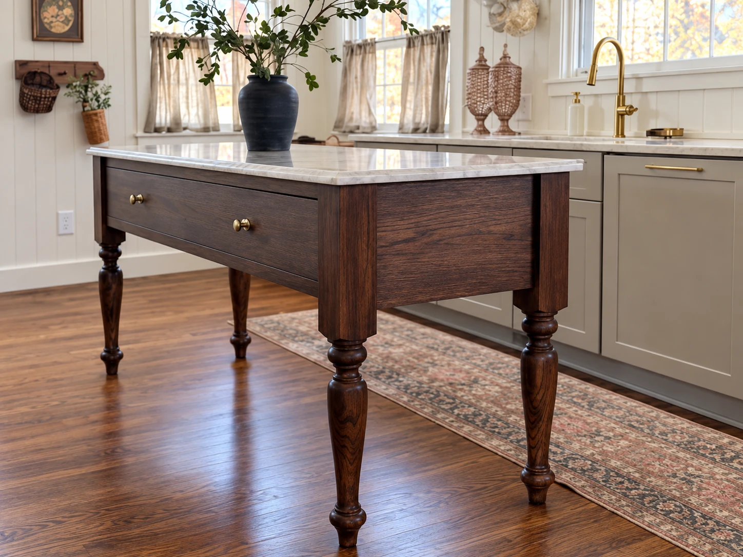 Farmhouse furniture legs on a finished kitchen island
