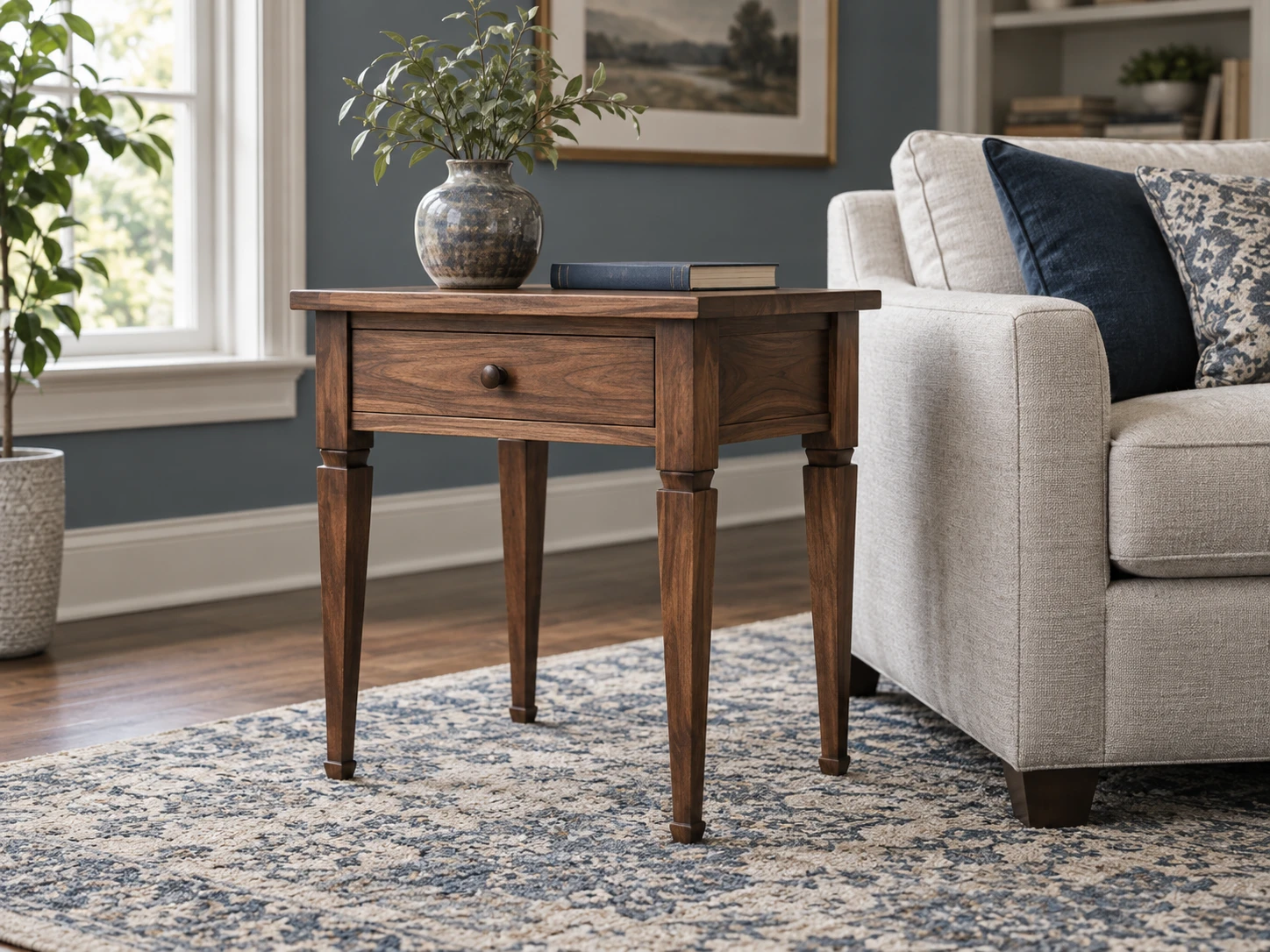 Walnut end table with tapered hardwood end table legs