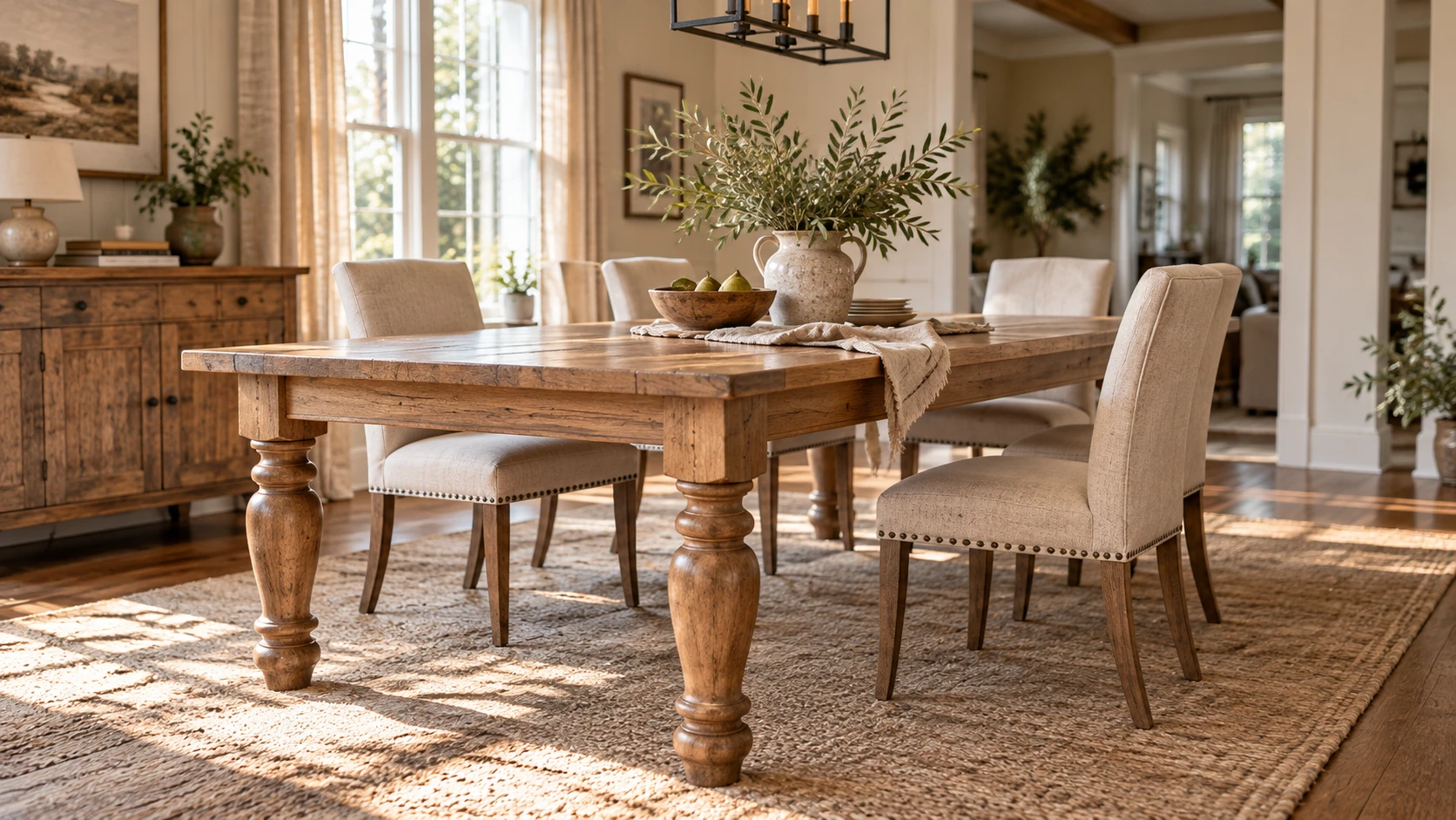 Dining table featuring turned wood dining table legs