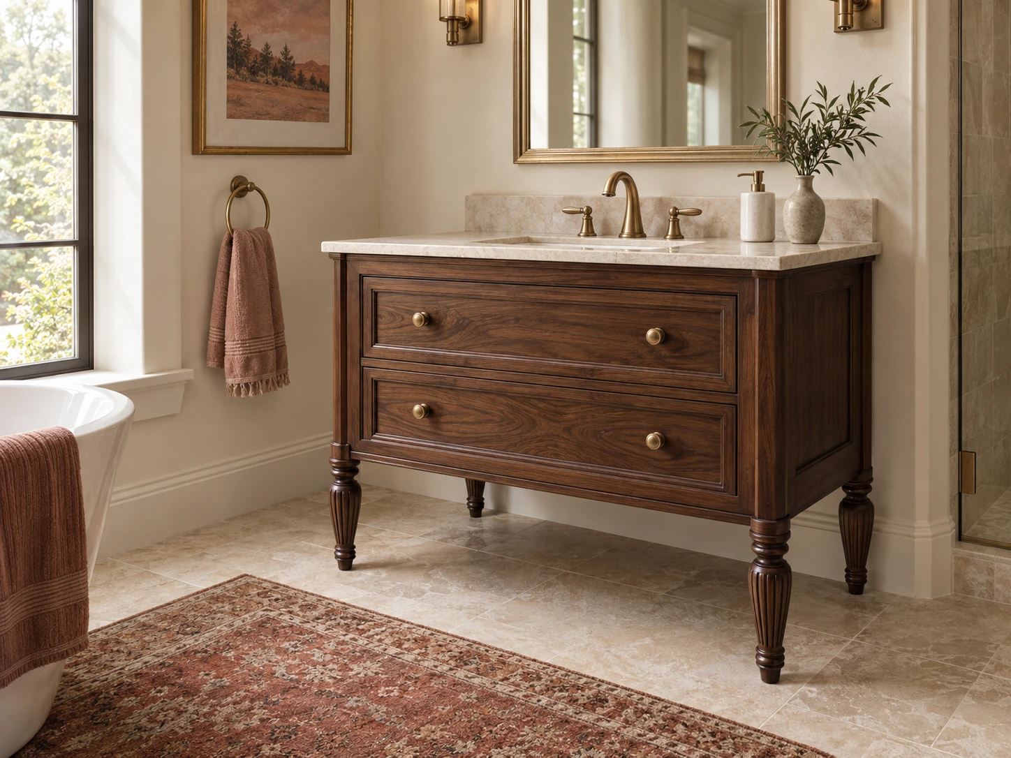 Walnut bathroom vanity with decorative hardwood vanity legs