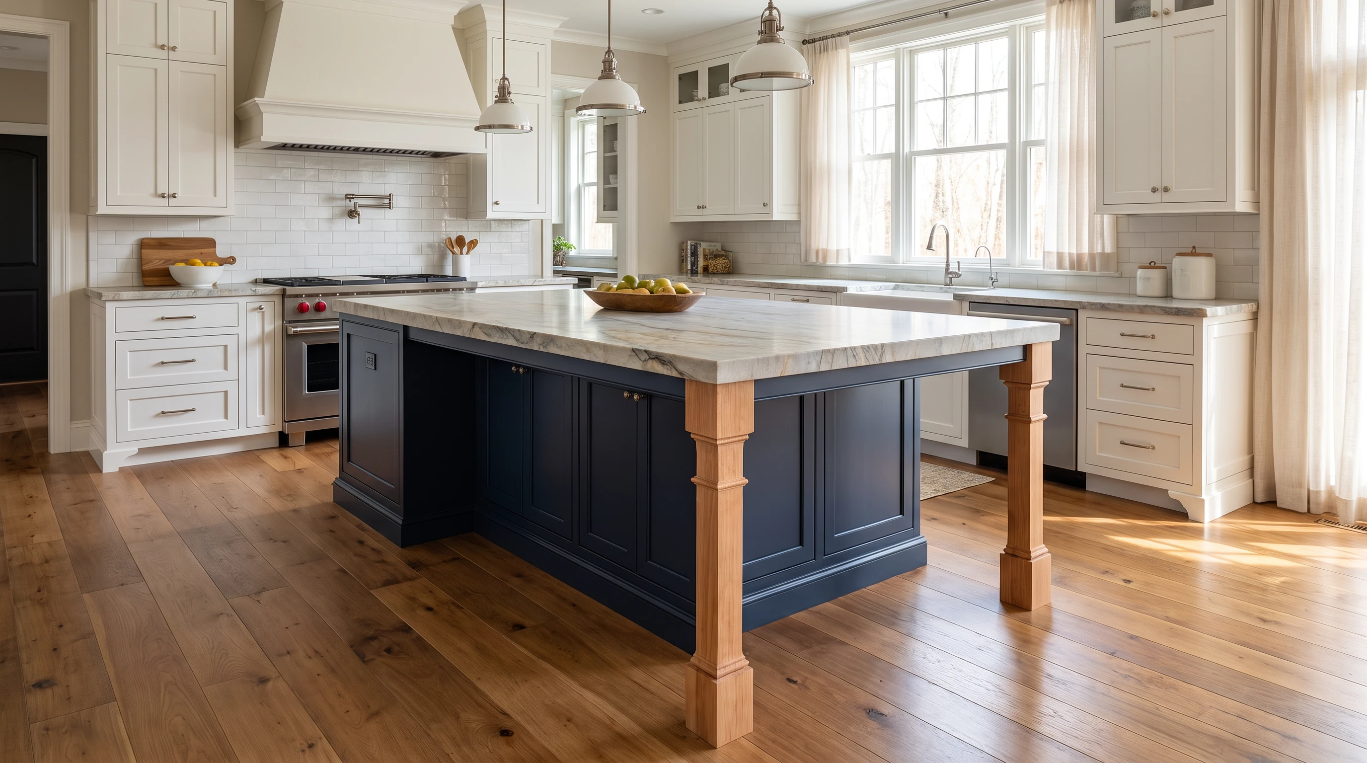 Traditional kitchen island featuring Square Highlander wood legs