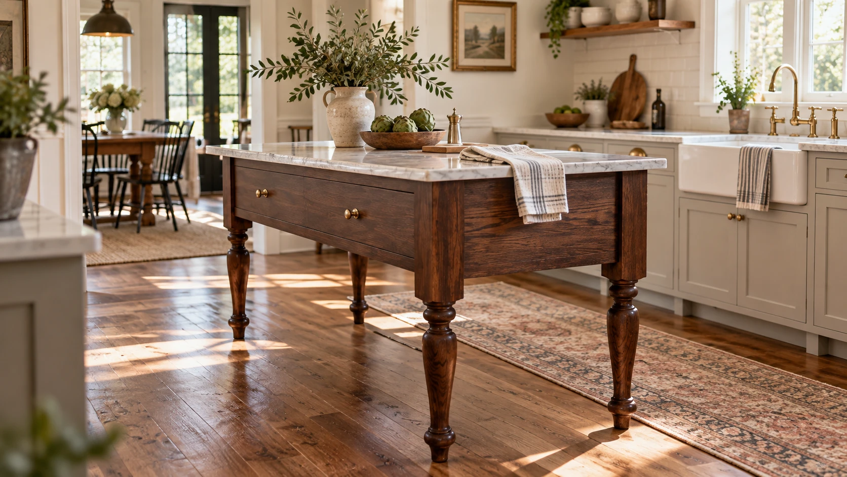 Finished kitchen island with visible turned wood legs