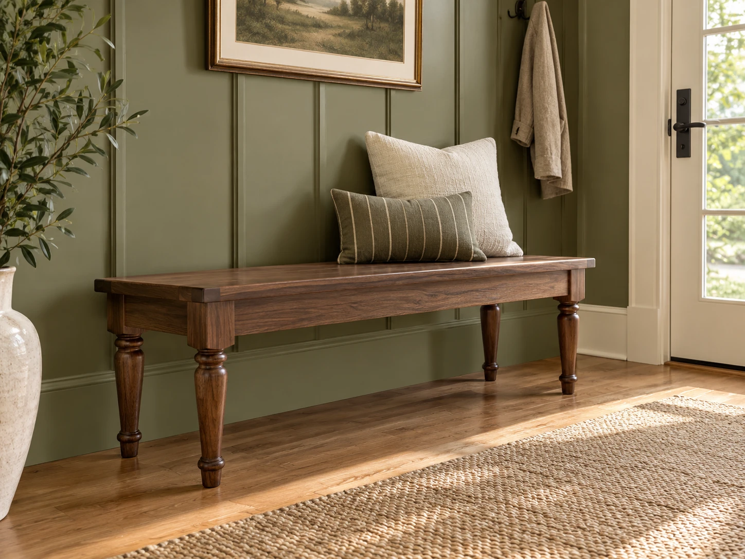 Hardwood entryway bench with decorative wood bench legs