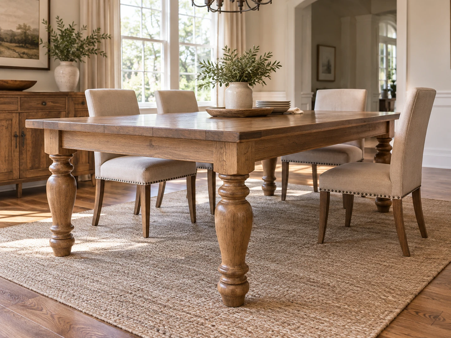 Hardwood dining table with turned wood dining table legs