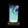 Rainbow fluorite panel lantern lamp lit, black metal frame, wood USB LED base, purple green banding glowing on all four sides