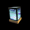 Rainbow fluorite panel lantern lamp lit, black metal frame, wood USB LED base, purple green banding glowing on all four sides