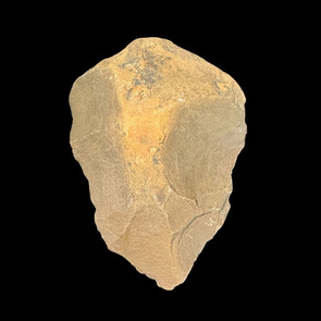 Genuine Acheulean handaxe from North Africa showing bifacial knapping and desert patina