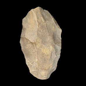 Genuine Acheulean handaxe from North Africa showing bifacial knapping and desert patina