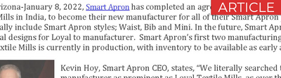 Smart Apron Partners with Loyal Textile Mills 