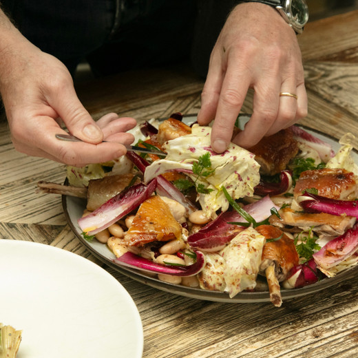 Adam Byatt's Crispy Chicken Thighs with Butter Beans, Artichokes and Winter Leaf Salad