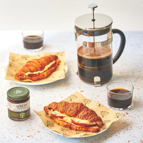 Apricot Harissa, Gruyere, Ham, Winter Tomato and Caramelised Red Onion Croissants