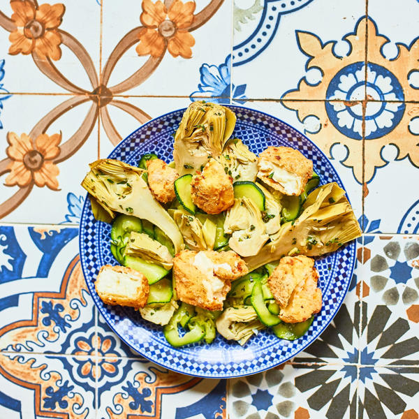 Artichokes, raw courgettes, Preserved Lemon and deep fried feta