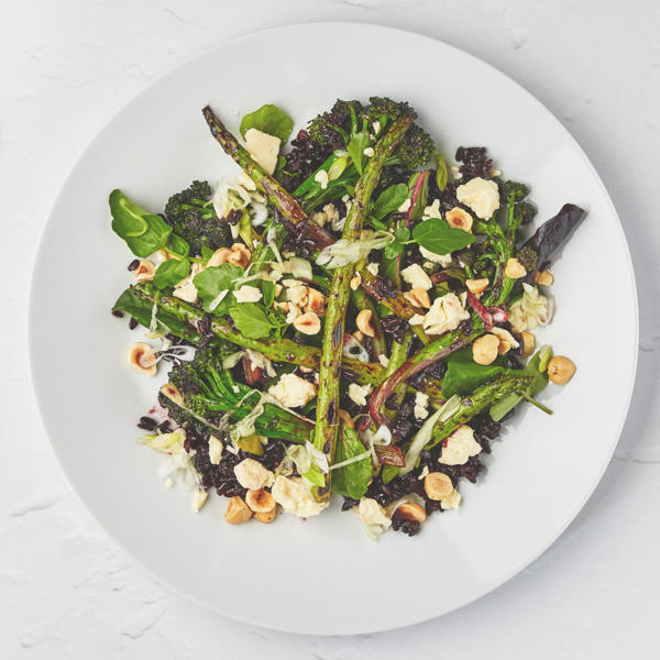 Asparagus and Purple Sprouting Broccoli with Venus Black Rice Hazelnuts and Wensleydale