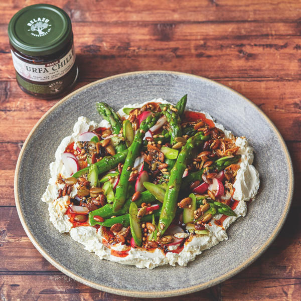 Asparagus and Radishes with Labneh and Garlic and Urfa Chilli Toasted Seed Oil