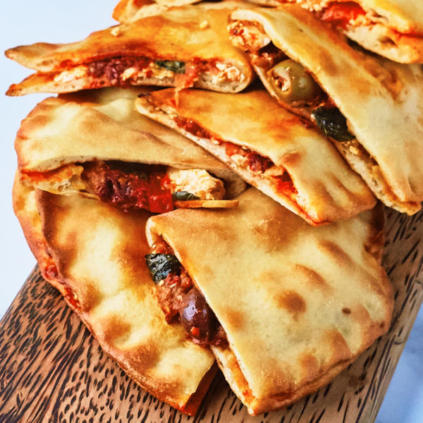 Aubergine and Parmesan Pesto Calzone with Ricotta and Salami