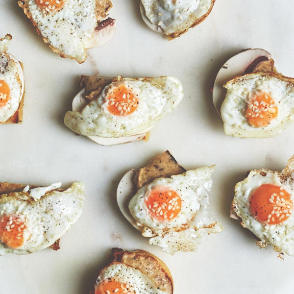 Aubergine Mezze Canapes with Fried Quails egg and Raw Mushroom