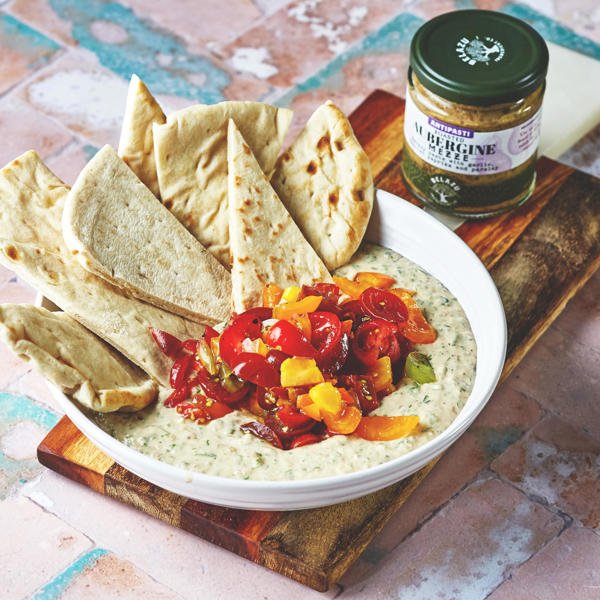 Aubergine Mezze, Tahini and Yoghurt Dip with Tomatoes and Toasted Pitta 