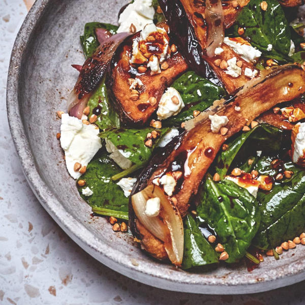 Aubergine Salad with Spinach, Feta, Kasha and Sour Cherry Molasses