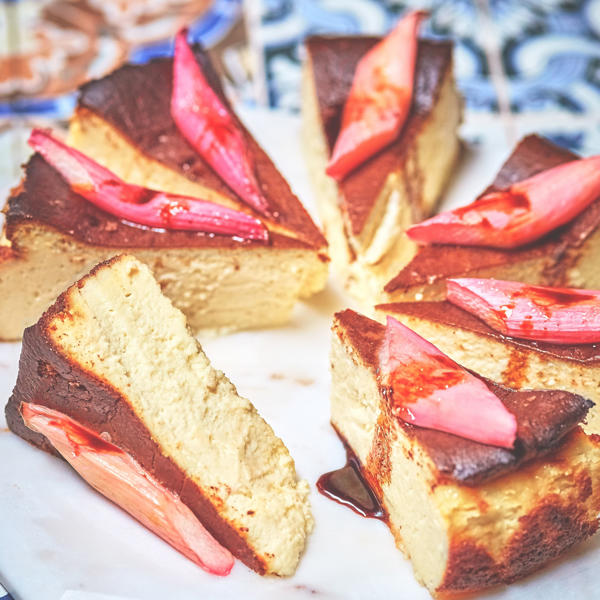 Baked Olive Oil cheesecake with roasted rhubarb and Balsamic Vinegar