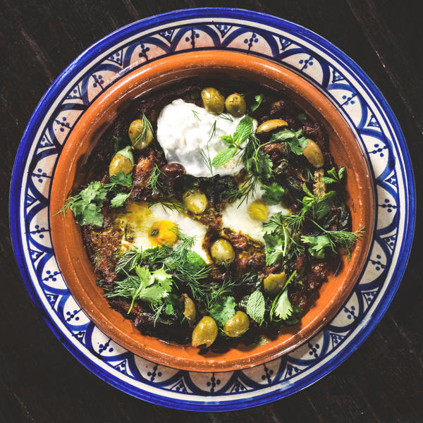 Baked Eggs with Chermoula and Green Olives