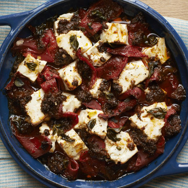 Baked Feta with Torn Piquillo Peppers and Baked Pitta Chips