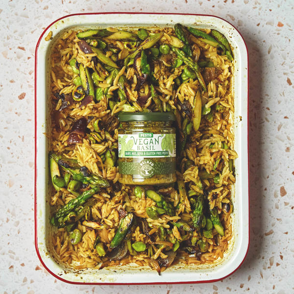 Baked Orzo with Vegan Basil Pesto, red onions, broad beans and asparagus 
