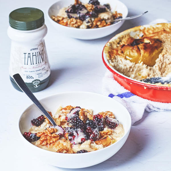 Baked Porridge with Apples Walnuts Honey Tahini and Blackberries