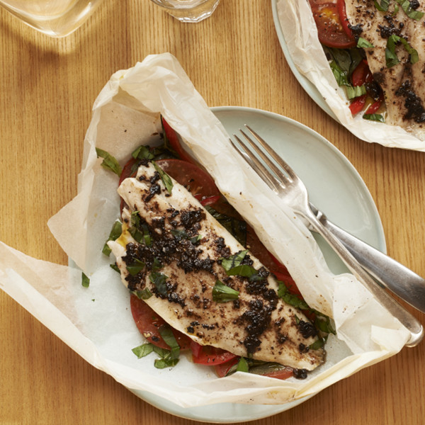 Baked Sea Bass Parcels with Tomatoes & Black Olive Paste