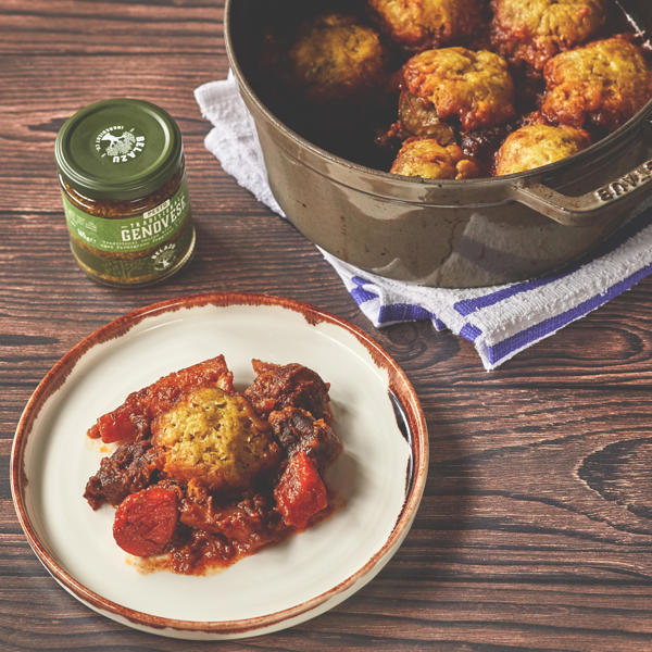 Beef and Ale Casserole with Genovese Pesto Dumplings