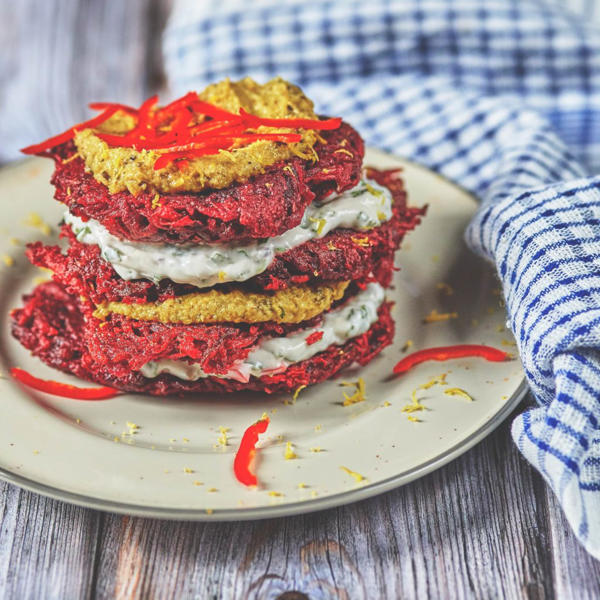 Beetroot Fritters with Courgette Mezze and Zesty Yoghurt