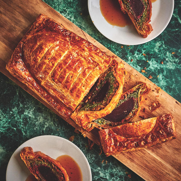 Beetroot, Lentil and Ricotta Wellington with Tagine Paste