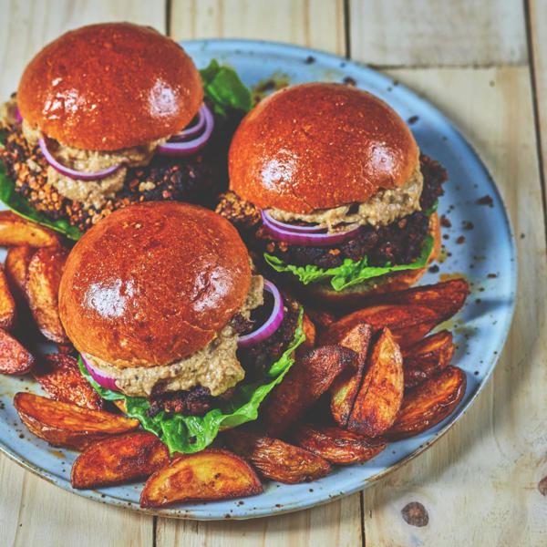 Black Bean, Mushroom and Tagine Paste Burger with Paprika Wedges