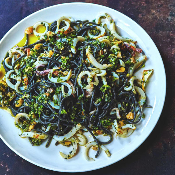 Black Spaghetti with squid and a coriander & almond pesto