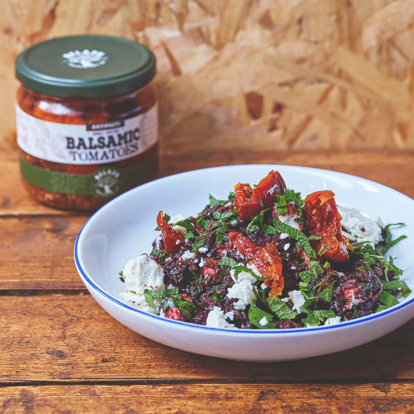 Black Venus Rice Salad with Balsamic Semi-Dried Tomatoes and Feta