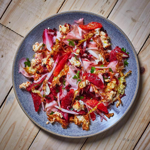 Blood Orange Salad with Balsamic Pearls, Verdemanda Extra Virgin Olive Oil and Baked Feta