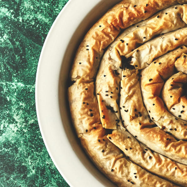 Börek stuffed with Onion, Spinach, Raisins, Pine Kernels